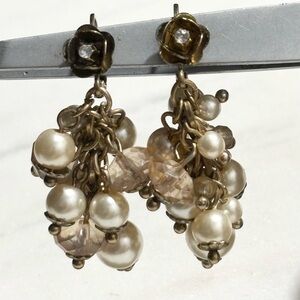 Vintage Flower Motif Faux Pearl Cluster Drop Grape Cluster Gold Bronze Earrings